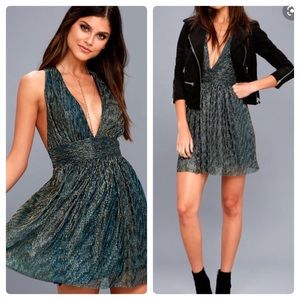 Lulu’s Ailey metallic goddess skater minidress blue gold/XS with alterations